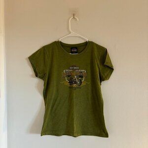 Harley Davidson Women's Green and Khaki T-shirt